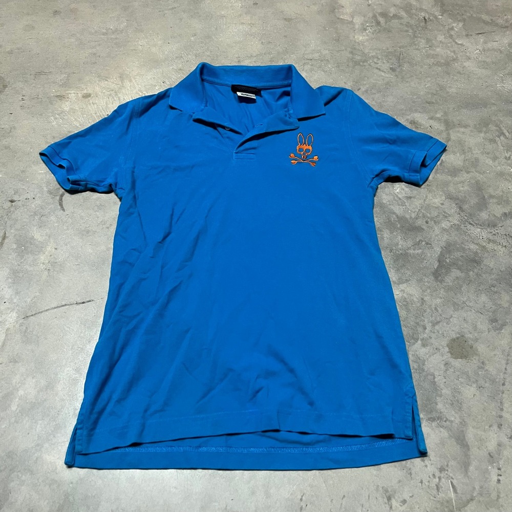 Psycho Bunny Mens Pima Cotton Polo Shirt Blue Orange Logo Size 3 Small RN 125028
